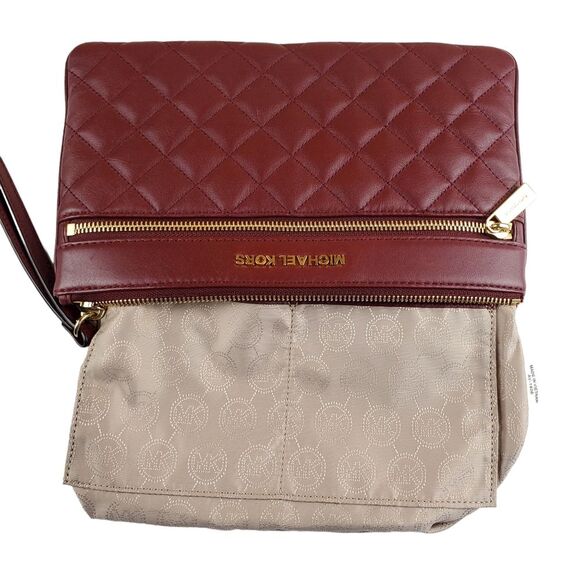 MICHAEL KORS Selma Zip Burgundy Quilted Large Leather Clutch &  Wristlet - Picture 2 of 11